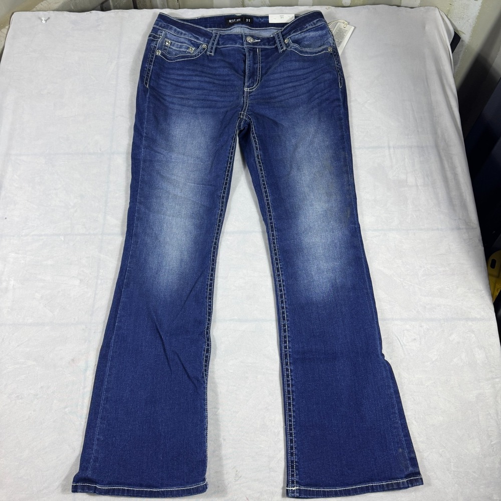 NWT Miss Me Womens Bootcut Jeans Dark Blue Denim Mid Rise Whisker 5-Pocket 31